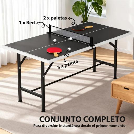 Mini Mesa de Ping-Pong Plegable con Red 2 Raquetas y 3 Pelotas para Interior y Exterior 152x76x70 cm Negro [5]