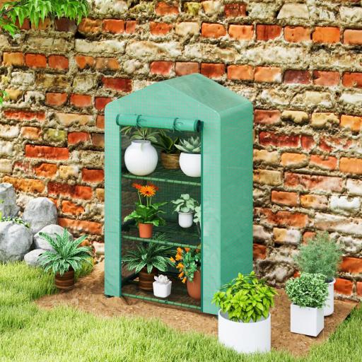 Invernadero de Jardín de 3 Niveles Puerta Enrollable Marco de Metal Cubierta de PE Anti-UV 69x49x125 cm Verde [3]