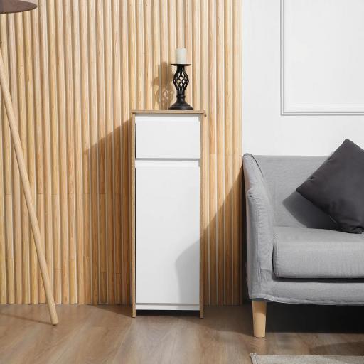 Armario Auxiliar de Baño con 1 Cajón y 1 Puerta Mueble Auxiliar de Baño para Salón Aseo Dormitorio Estilo Moderno Antivuelco 32,6x30x90 cm Blanco y Natural [7]
