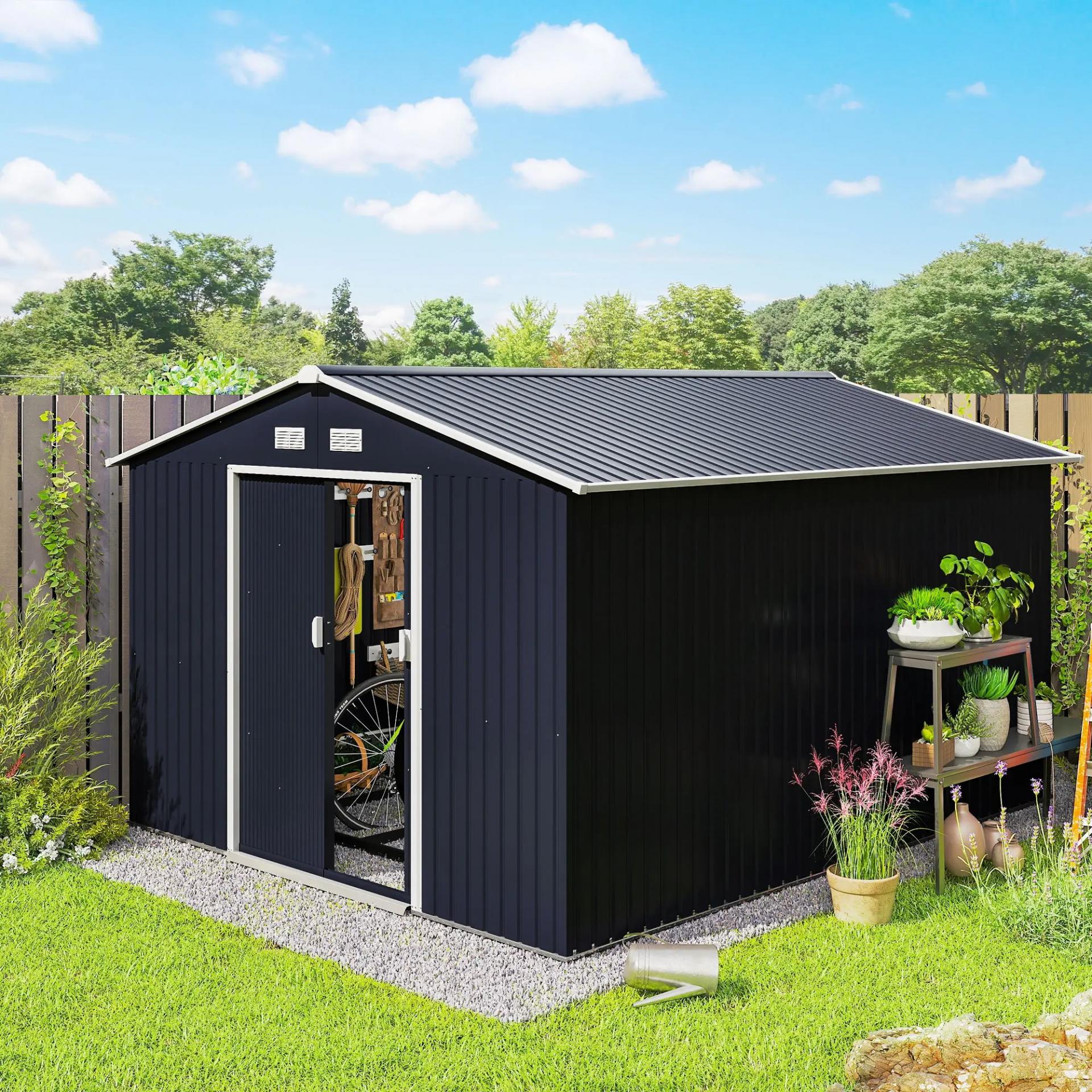 Cobertizo de Jardín 8,3 m² 277x322x192 cm con 2 Puertas Corredizas Base Refuerzo (Suelo NO Incluido) Gris