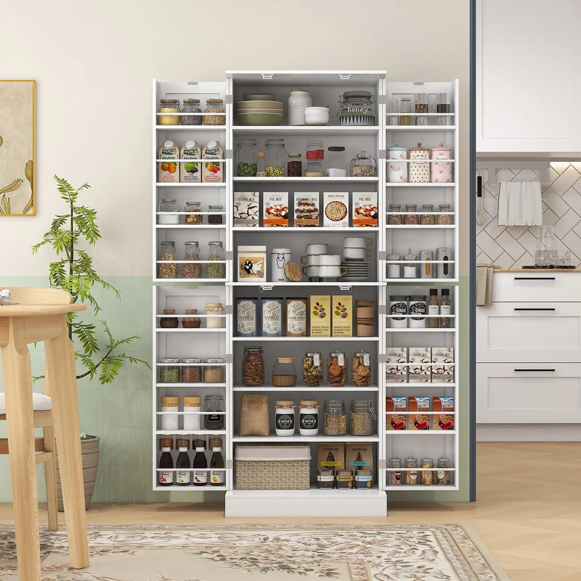 Armario Despensa de Cocina con 4 Puertas con Estantes Estantes Ajustables para Sala de Estar Comedor Blanco