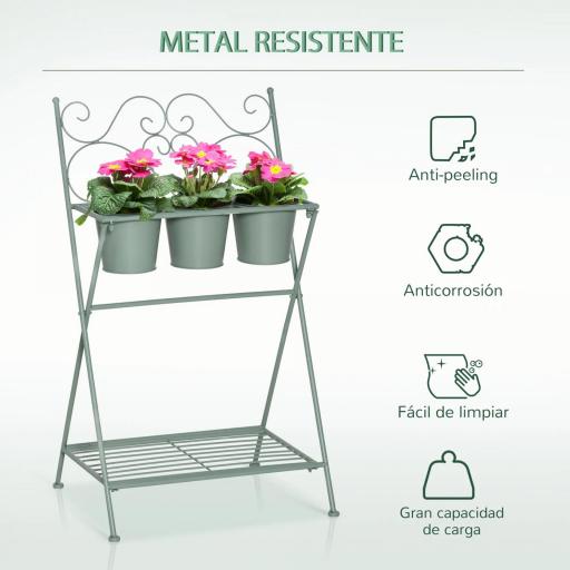 Soporte de Metal para Plantas Plegable con 3 Macetas Incluidas y Estante Inferior Porta Macetero Decorativo de Flores para Interiores y Exteriores 47x37x78,5 cm Verde [1]