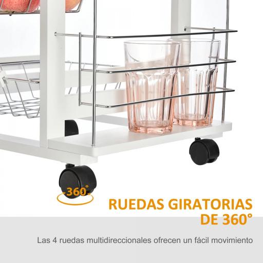 Carrito de Cocina con Ruedas Carro Multiusos con Cajón 4 Cestas Extraíbles de Metal y Bastidores 47x37x83 cm Blanco [7]