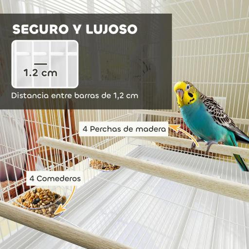 Jaula para Pájaros con Divisor 4 Comederos 4 Perchas Bandeja Extraíble para Loros Canarios Periquitos 76x46x46 cm Blanco [6]