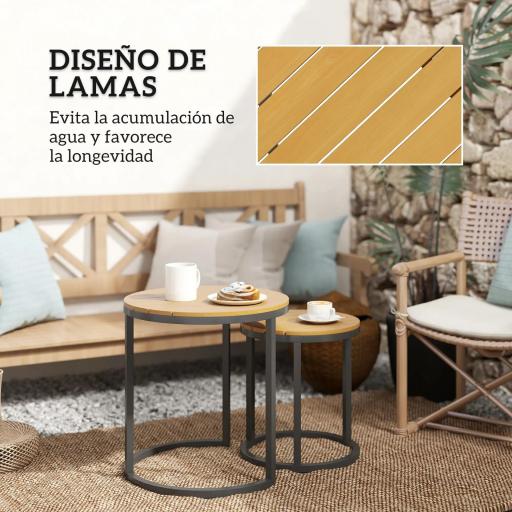 Juego de 2 Mesas de Jardín con Encimera de Madera de Acaica Diseño Listones con Marco de Acero y Pies Ajustables Teca [3]