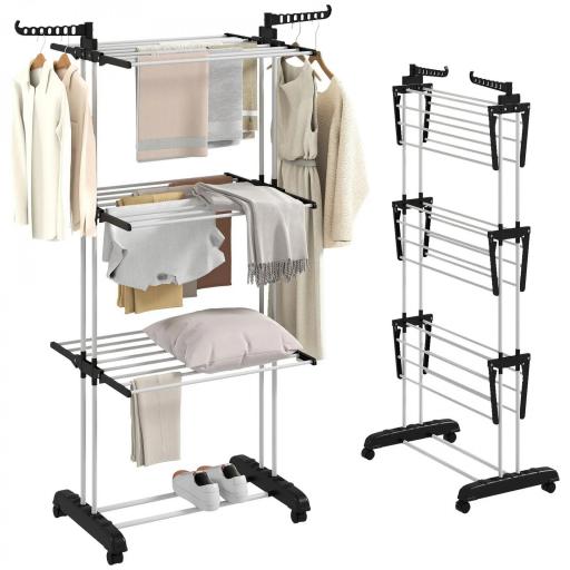 Tendedero de Ropa Plegable con Ruedas 3 Niveles con Alas Plegables y Colgadores 73x64x172 cm Negro y Blanco [9]