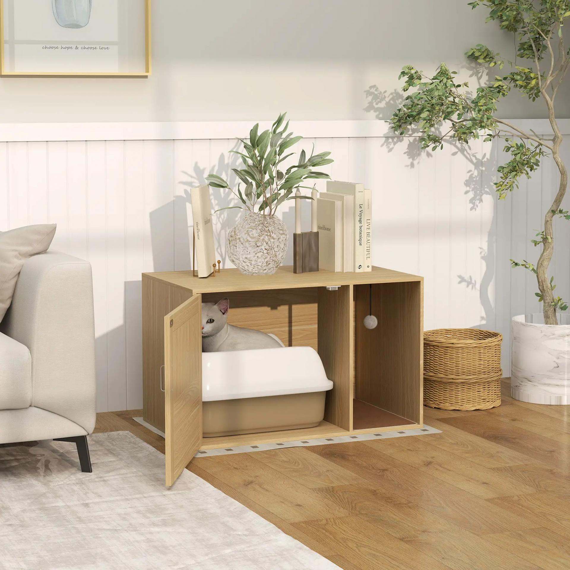 Mueble Arenero para Gatos Caja de Arena para Gatos con Almohadilla para Rascar y Puerta de Ratán 80x50x50 cm Roble