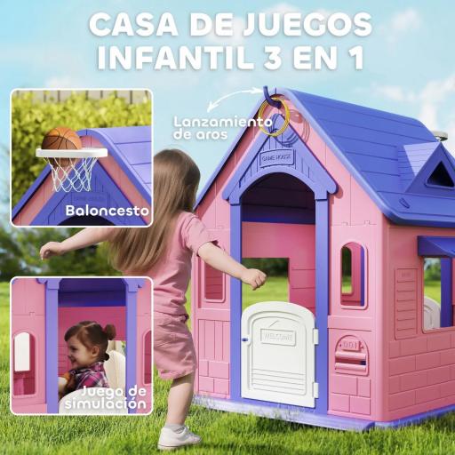 Casita Infantil Exterior e Interior 3 en 1 con Lanzamiento de Aros Baloncesto para Niños de 2-5 Años Rosa y Morado [4]