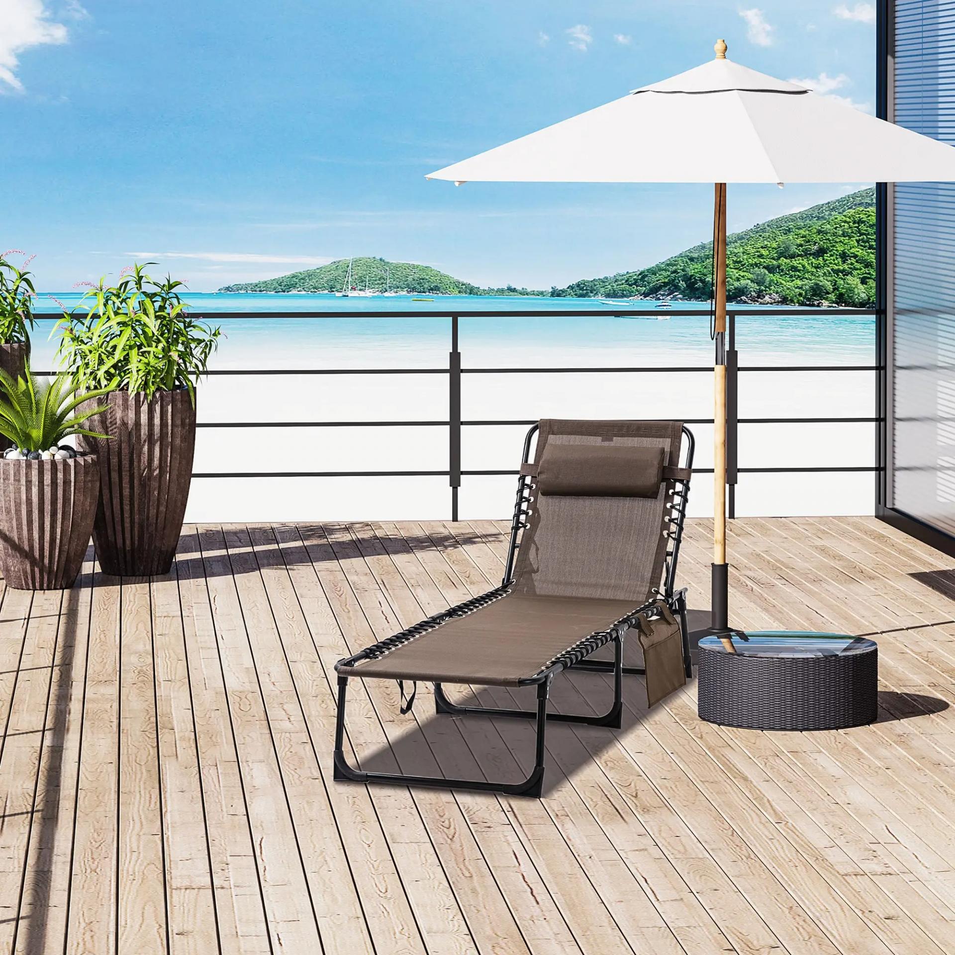 Tumbona Plegable con Respaldo Ajustable Reposacabezas Acolchado y Estructura de Acero para Exterior 189x58x30 cm Marrón