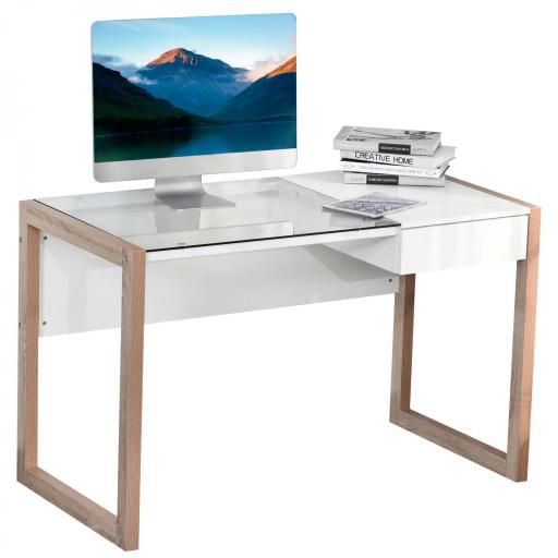 Mesa de Ordenador Mesa de Escritorio Diseño Moderno con Tablero de Vidrio Templado Cajón Combinación de Estilos para Oficina Estudio 120x60x75 cm Blanco [8]