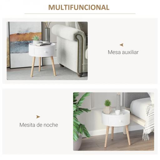 Mesita de Noche con 1 Cajón Mesa Auxiliar Redonda con Borde Elevado y 3 Patas de Madera para Dormitorio Sala de Estar Estilo de Moderno Ø38x45 cm Blanco [5]