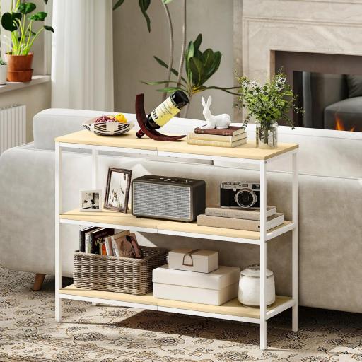 Consola de Recibidor con 3 Estantes Abiertos y Patas de Metal para Pasillo Entrada Salón Dormitorio Natural y Blanco [6]