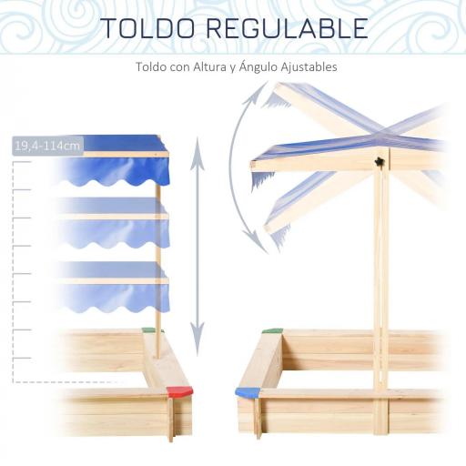Arenero de Madera para Niños con Techo Cajón de Arena Toldo Ajustable Espacioso 120x120x120 cm para Jardín Exterior al Aire Libre Color Madera Natural [2]