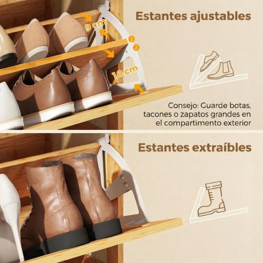 Zapatero Estrecho de Bambú con 2 Cajones Abatibles de Ratán para 12-14 Pares de Zapatos 69x29x83 cm Natural [6]
