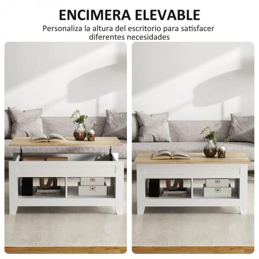 Mesa de Centro Elevable con Encimera Elevable y Espacio Oculto de Almacenaje 105x50x49 cm Blanco y Natural [2]