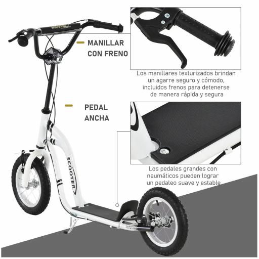 Patinete para Niños Mayores de 5 Años Scooter 2 Neumáticos Inflables de Caucho con Frenos Manillar Ajustable Pedal Antideslizante 120x58x85-95 cm Blanco [6]
