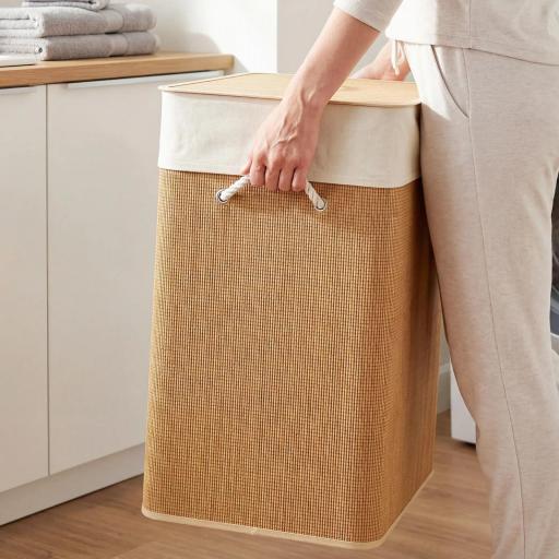 Cesto de Ropa Sucia de Bambú con 2 Compartimentos Asas para Facilitar el Uso y Bolsas Desmontables Lavables 52x32x63 cm [7]