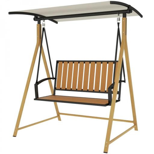 Balancín de Jardín Exterior de 2 Plazas con Toldo Ajustable y Estructura de Metal 142x112x162 cm Madera Natural y Beige [9]