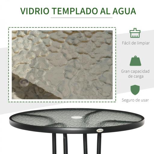 Mesa de Exterior Ø80x72 cm con Agujero para Sombrilla y Encimera de Vidrio Templado para Patio Terraza Negro [7]