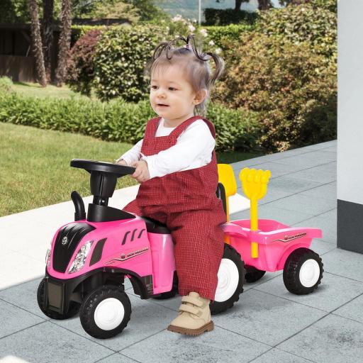 Tractor sin Pedales para Niños de 12-36 Meses con Remolque Extraíble Coche Correpasillos con Bocina Faros Pala Asiento de Suelo 25 cm y Rastrillo Carga 25 kg 91x29x44 cm Rosa