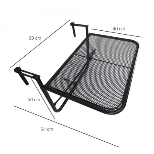 Mesa Colgante de Balcón con Brazo Regulable y Altura Ajustable en 3 Posiciones Marco Metálico 60x56x50 cm Negro [1]
