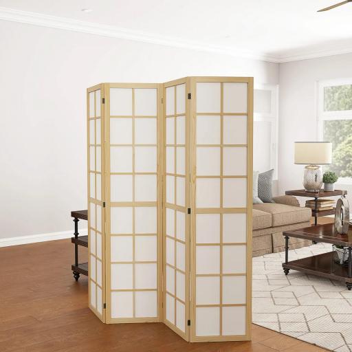 Biombo de 4 Paneles Plegable con Marco de Madera 160x170 cm para Dormitorio Oficina Salón Natural [10]