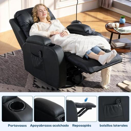 Sillón de Masaje Giratorio Sillón Relax Reclinable con 8 Puntos de Masaje Función de Calefacción 82x99x103 cm Negro [5]