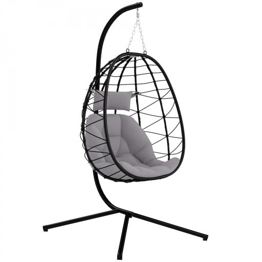Silla Colgante Huevo con Soporte con Cesta Plegable Cojín y Reposacabezas para Interior y Exterior Carga 120 kg Gris [9]