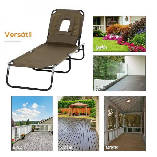 Tumbona Plegable con Respaldo Regulable 4 Posiciones con Orificio de Lectura Almohada Tela Oxford 190x56x28 cm Marrón [3]