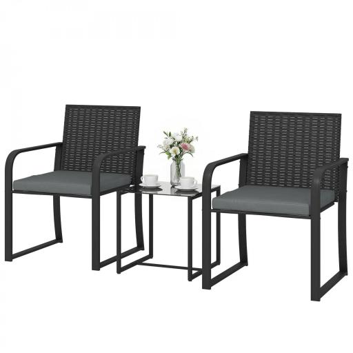 Conjunto de Muebles de Jardín de Ratán Sintético con 2 Sillas con Cojines y Mesa con Tablero de Vidrio Gris [8]
