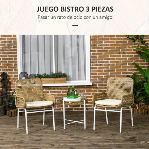 Juego de 3 Piezas Sillas y Mesa de Ratán con 2 Sillas 1 Mesa de Centro y Cojines para Terraza Patio Natural [5]