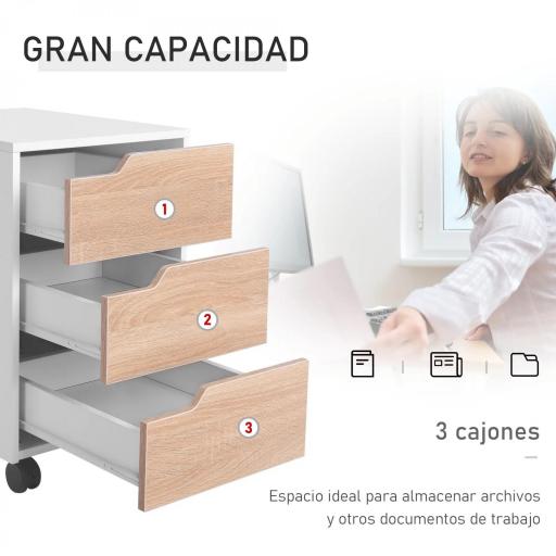 Cajonera de Oficina con Ruedas Mueble Archivador con 3 Cajones Cajonera para Escritorio Estudio 40x50x57,5 cm Roble y Blanco [2]