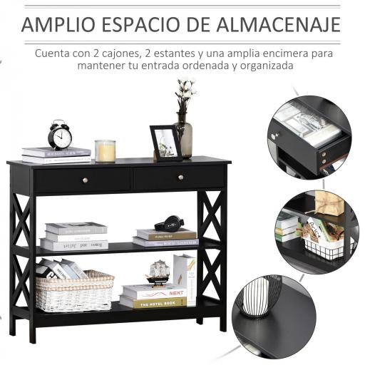 Mesa Consola de Entrada Recibidor con 2 Cajones y 2 Estantes Inferiores Mueble Moderno Base Elevada Antivuelco 100x30,5x80 cm Negro [2]