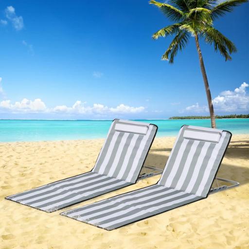 Conjunto de 2 Esterillas con Respaldo Reclinable Reposacabezas y Bolsa de Transporte 134x48x33-43 cm Blanco y Gris