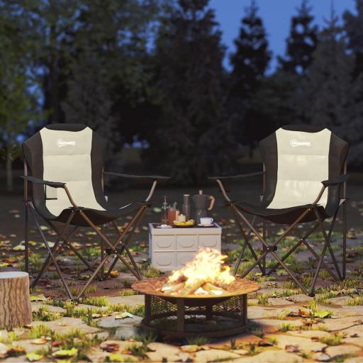 Conjunto de 2 Sillas Plegables Camping Acolchado con Respaldo Alto Portavasos y Bolsas de Transporte Crema y Negro