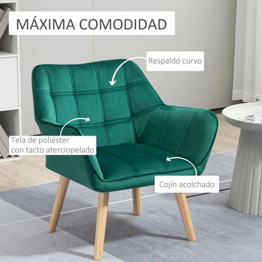 Butaca de Salón Moderna Tapizado en Terciopelo con Asiento Ancho Patas de Madera Sillón Relax para Sala de Estar Verde [2]