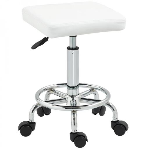Taburete Giratorio Ajustable Con Asiento Acolchado Reposapiés y Ruedas para Salones y Talleres 34x34x50-66 cm Blanco [8]