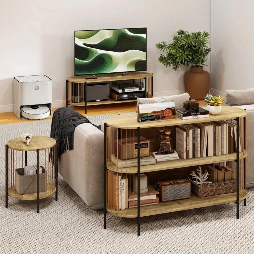 Mueble de TV Estilo Bohemio hasta 55 Pulgadas con Diseño en Cuerda de Papel y 2 Estantes Abiertos 124x43,5x41 cm Natural [6]