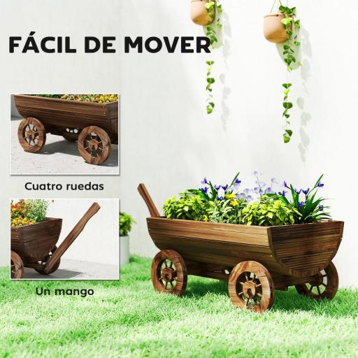 Carrito de Madera con 4 Ruedas y Mango Jardinera Exterior con Orificio de Drenaje 115x40x54,5 cm Carbonizado [5]