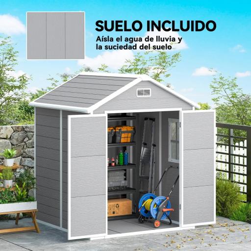 Caseta de Jardín Exterior 182x151x219 cm con Suelo Puerta Cerrada y Techo Inclinado para Almacenar Herramientas Gris [2]