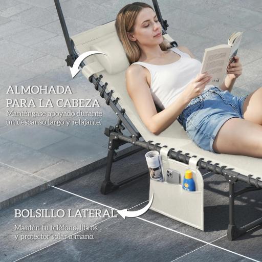 Set de 2 Tumbonas Plegables con Reposacabezas Parasol Bolsillo Lateral y Respaldo Reclinable en 5 Posiciones Crema [5]