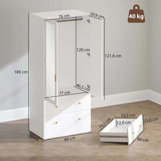 Armario Dormitorio 2 Puertas y 2 Cajones Armario Ropero con Espejo Barra para Colgar 80x50x180 cm Blanco [4]