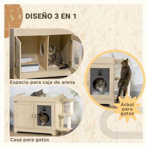 Mueble Arenero para Gatos con Cama Cojín Suave 3 Plataformas y Postes de Sisal 107x54x70 cm Roble [3]