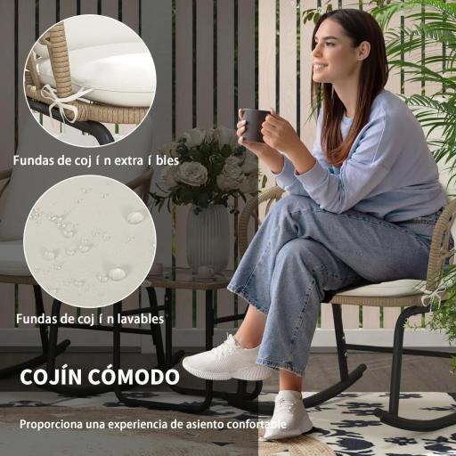 Conjunto de Muebles de Ratán de 3 Piezas con 1 Mesa de Centro 2 Mecedoras y Cojines para Jardín Crema y Beige [5]