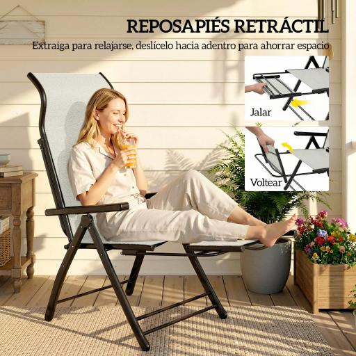 Pack de 2 Sillas Plegables Reclinables de Jardín Exterior con Respaldo Alto Ajustable en 5 Posiciones Reposapiés Gris [2]