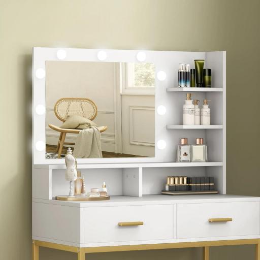 Tocador de Maquillaje con Luz y Taburete Mesa de Maquillaje con 2 Cajones y Estantes de Almacenamiento Blanco [7]