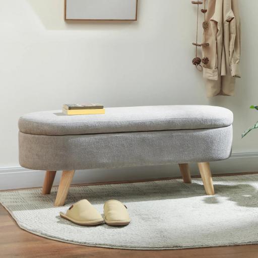 Puff Almacenaje Tapizado en Terciopelo de Teddy con Patas de Madera y Asiento Acolchado Gris Claro [6]