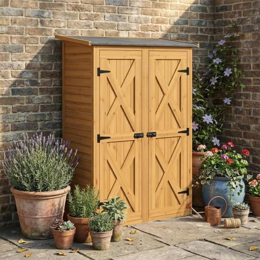 Caseta de Jardín de Madera 115x53x156 cm Armario para Herramientas con Puertas Dobles y Estantes Techo Inclinado Marrón [3]