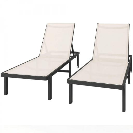 Conjunto de 2 Tumbonas Reclinables con Ruedas Respaldo Ajustable 4 Niveles Estructura de Aluminio Tela Textilene Beige [9]