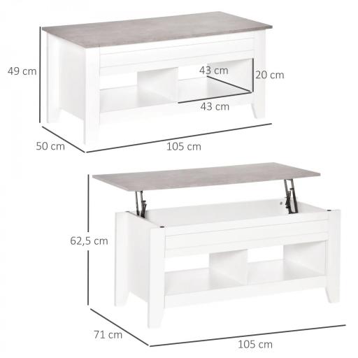 Mesa de Centro Elevable Mesa de Café con Encimera Elevable 2 Compartimentos Abiertos y Espacio Oculto de Almacenaje 105x50x49 cm Blanco y Efecto Mármol [1]